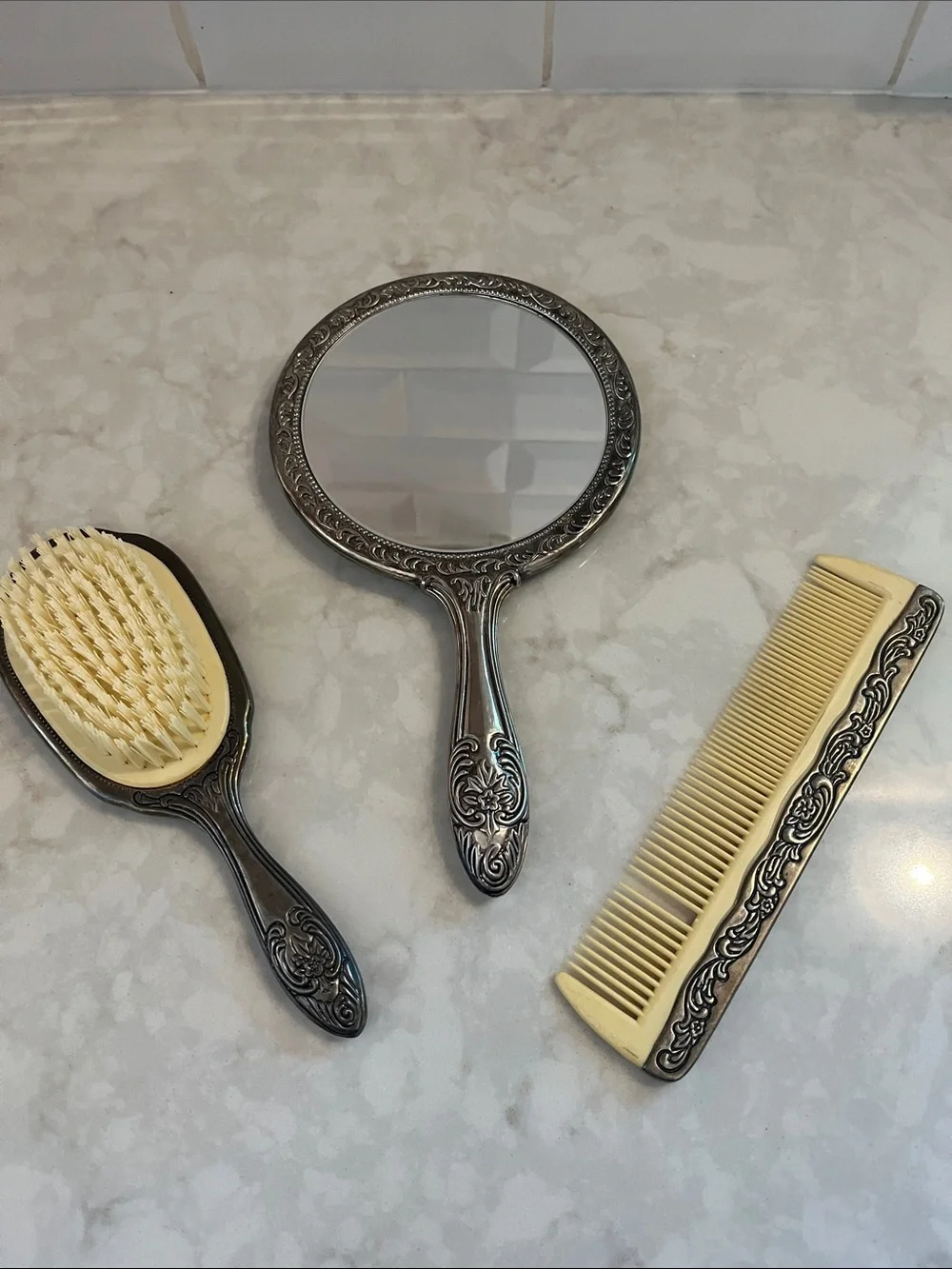 Vintage silver plated vanity set heavy ornate Art Nouveau